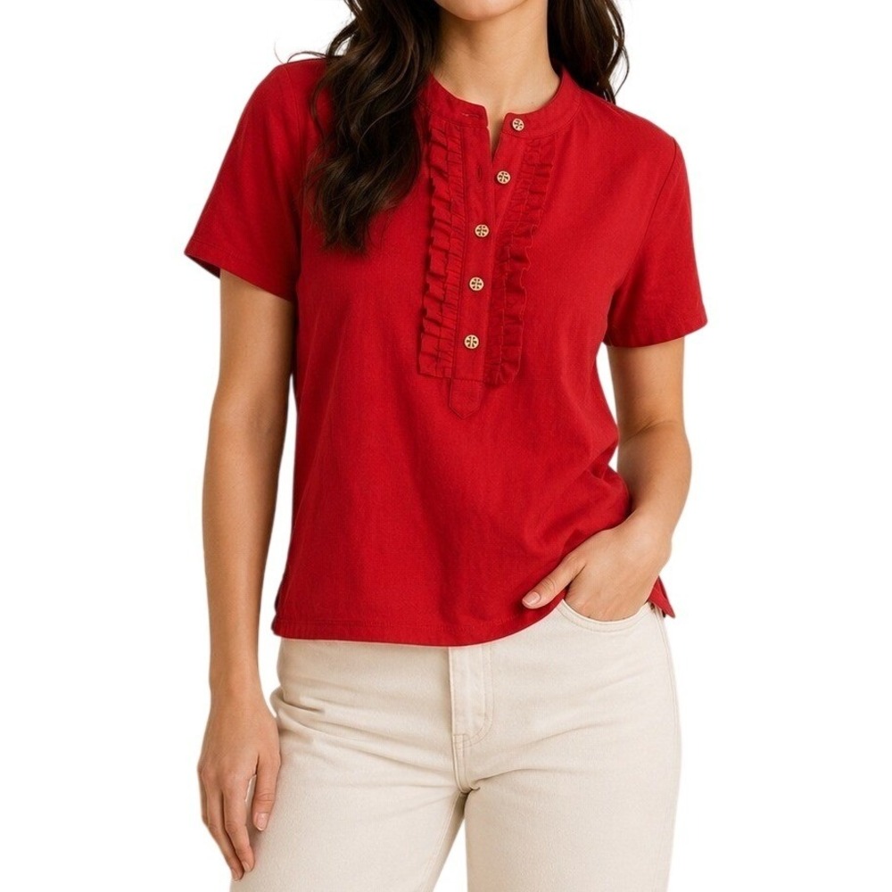 NWT Tory Burch Romilly Red Ruffle Logo Button Short Sleeve Pima Cotton Top XL